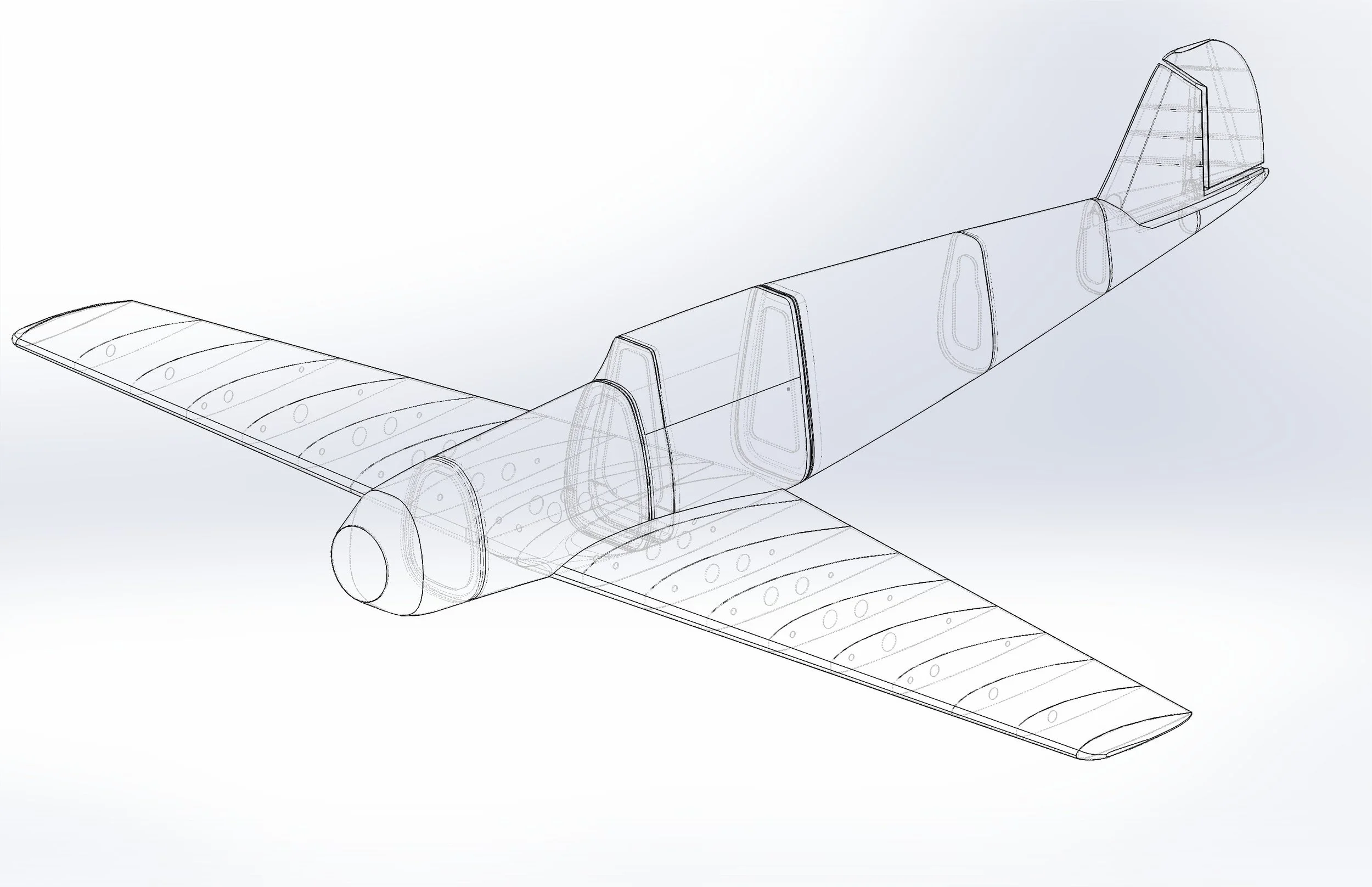 Wireframe drawing of an airplane with a transparent, segmented fuselage and wings.