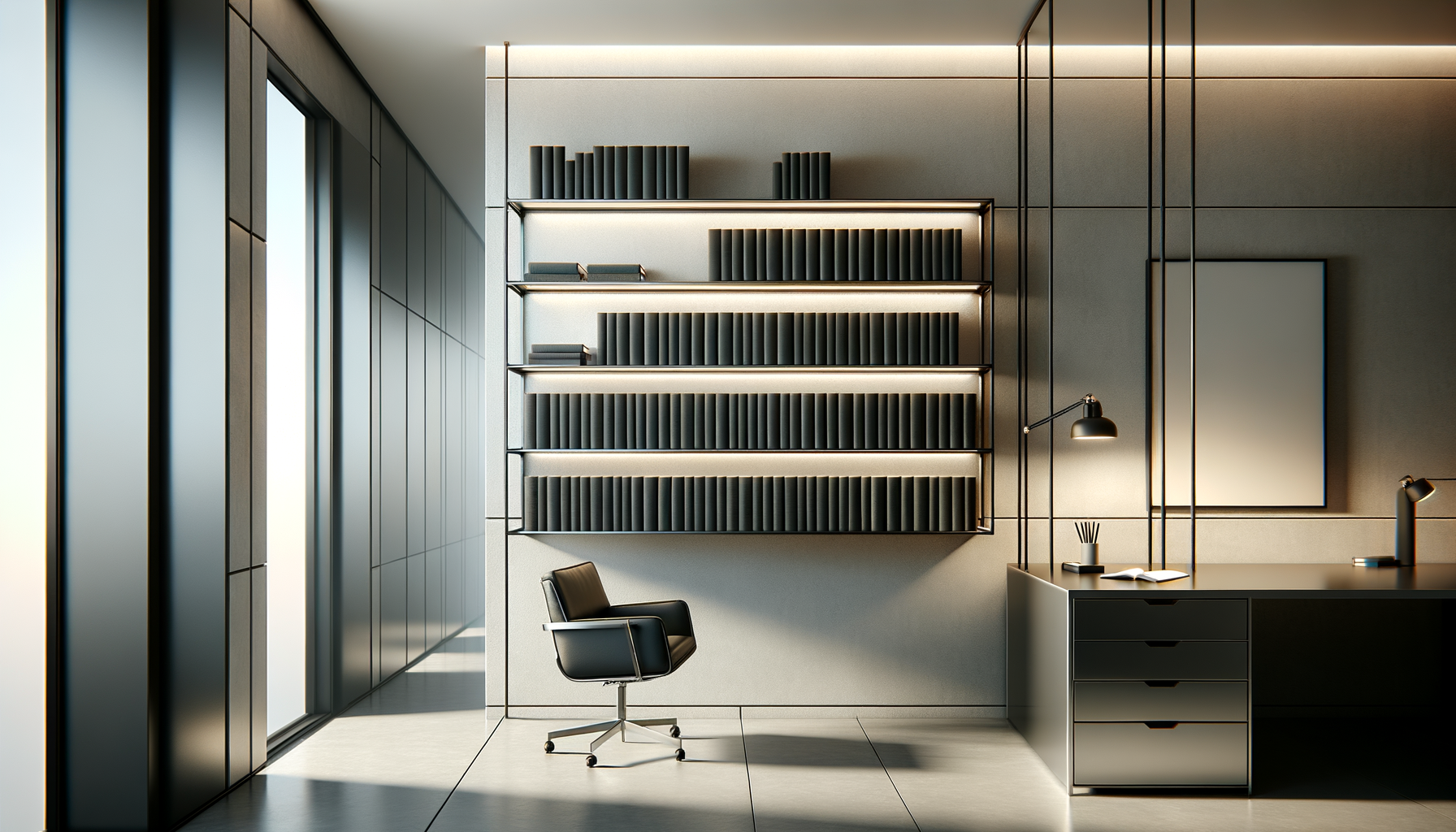Modern office interior with black desk, black office chair, and wall-mounted bookshelves filled with black books. Large windows on the left allowing natural light, and minimalistic lighting on the ceiling.