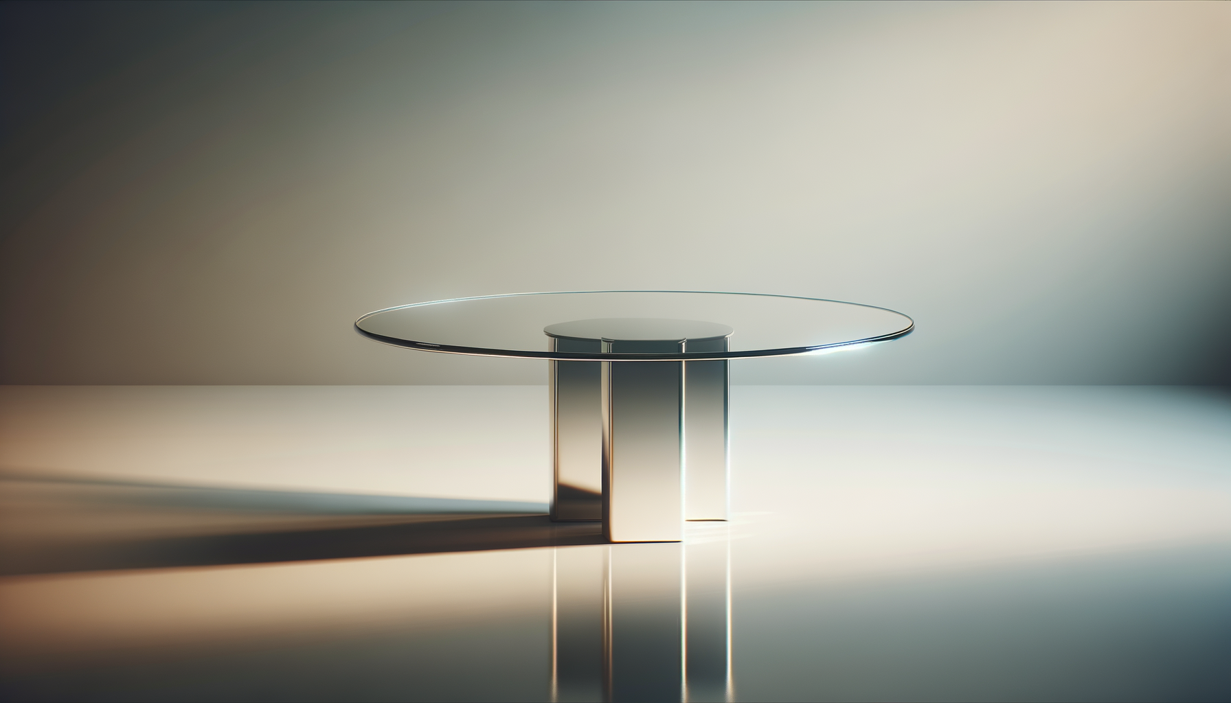 Modern round glass table with a reflective metallic base on a neutral background.