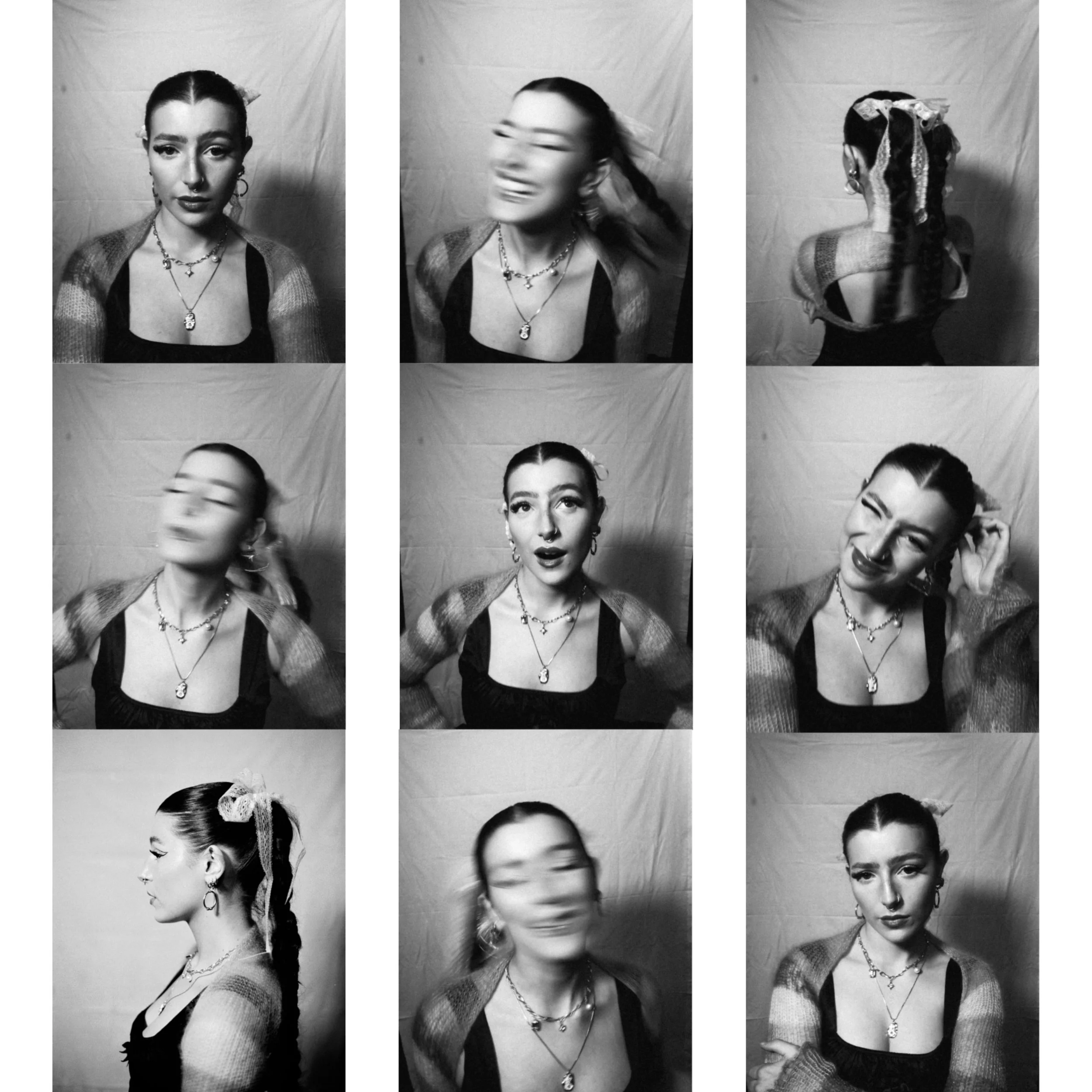 Nine black-and-white photos of a young woman with dark hair, wearing layered necklaces, earrings, and a checkered cardigan over a black top, displayed in a grid.
