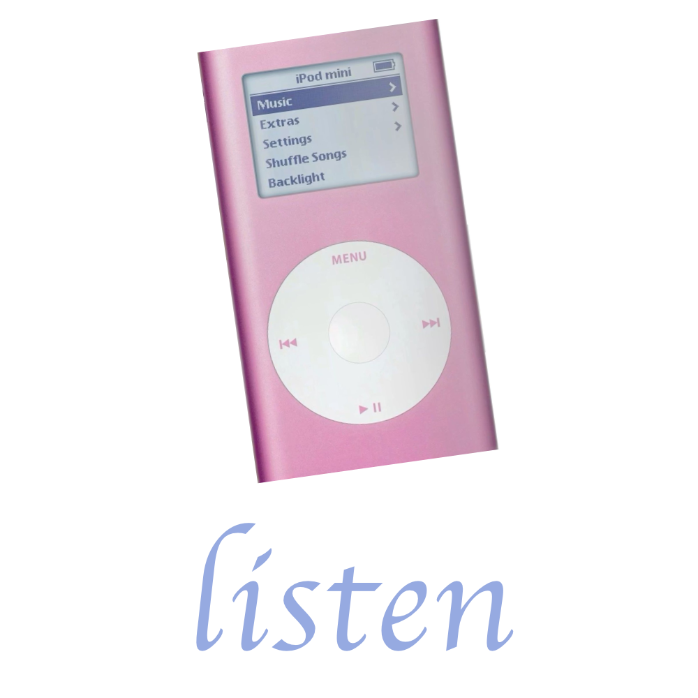 Digital pink iPod Mini with menu options displayed on the screen, including Music, Extras, Settings, Shuffle Songs, Backlight, and a circular control wheel with play/pause, forward, and rewind buttons