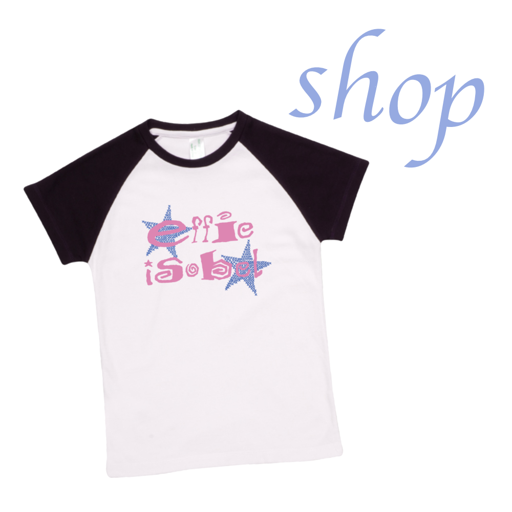 Black and white raglan T-shirt with pink and blue graphic text that reads 'office idol' and star designs.