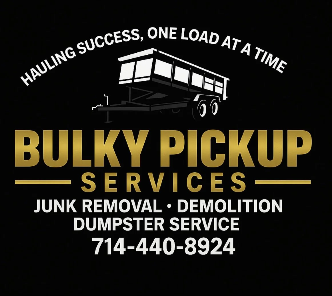 Business card for Bulky Pickup Services with slogan "Hauling success, one load at a time," listing services: junk removal, demolition, dumpster service, contact number 714-440-8924, black background with gold and white text, graphic of a loading trailer.