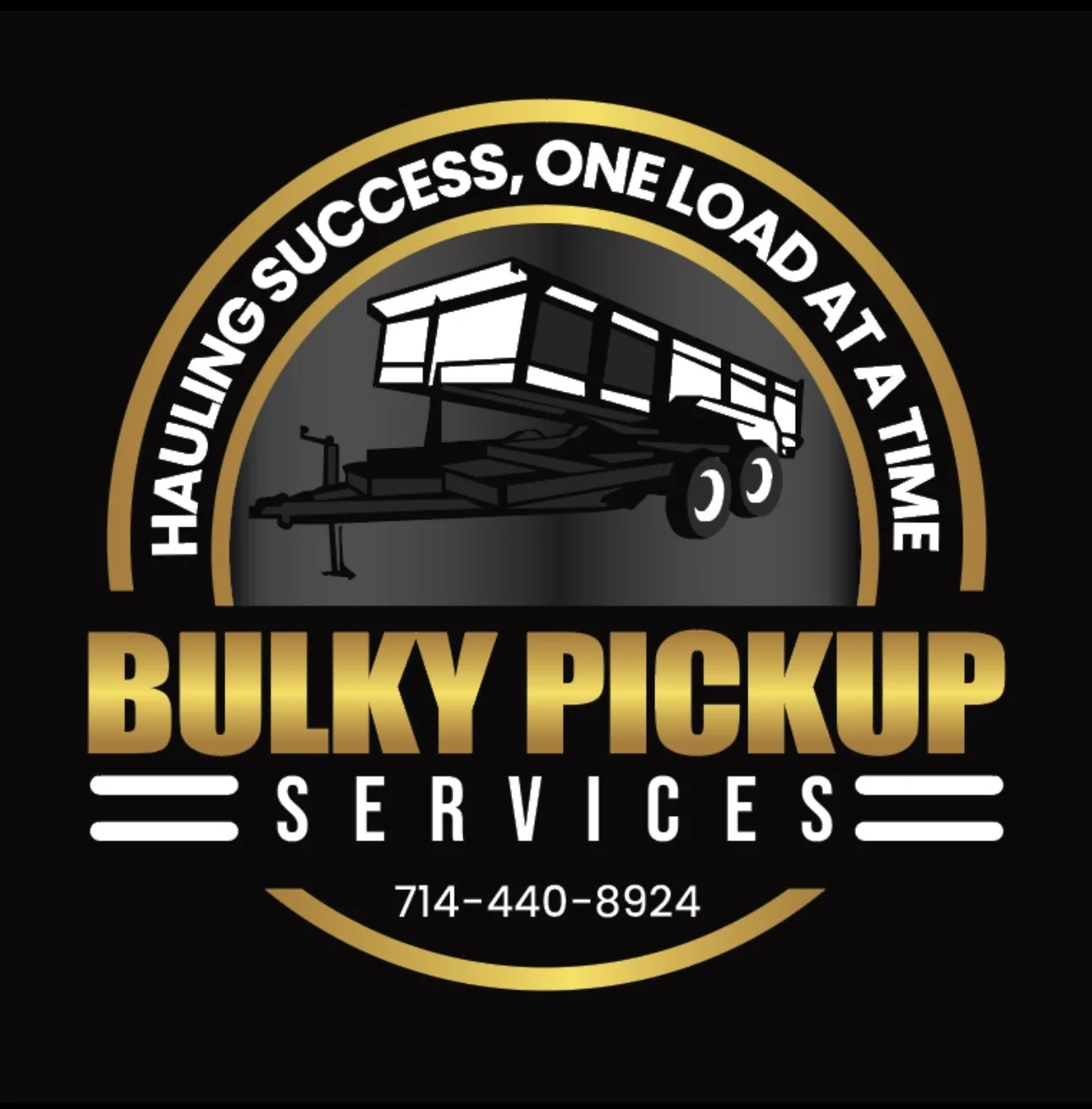 Logo for Bulky Pickup Services with a trailer illustration, circular gold and black design, and contact number 714-440-8924.