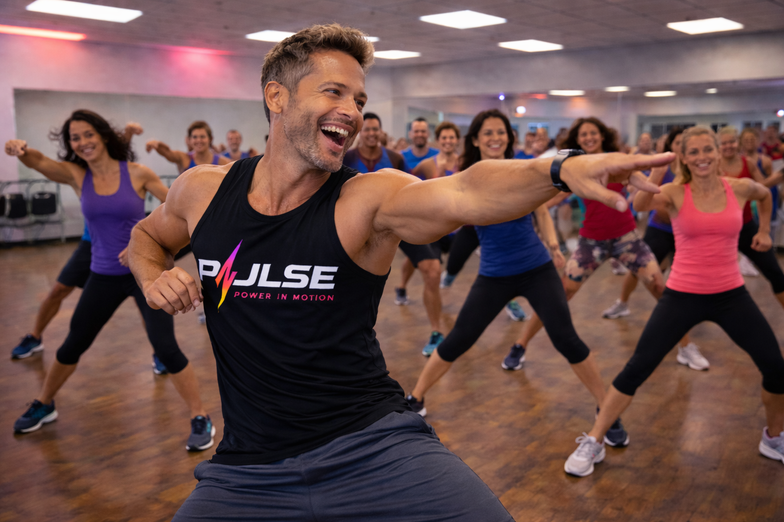 A group fitness class with a male instructor leading, all participants smiling and stretching in a gym studio.