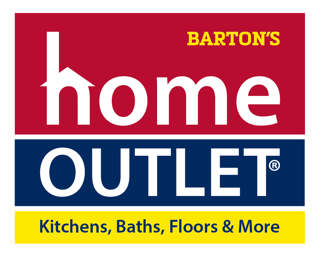 Logo for Barton's Home Outlet with red, navy blue, and yellow blocks, advertising kitchens, baths, floors, and more.