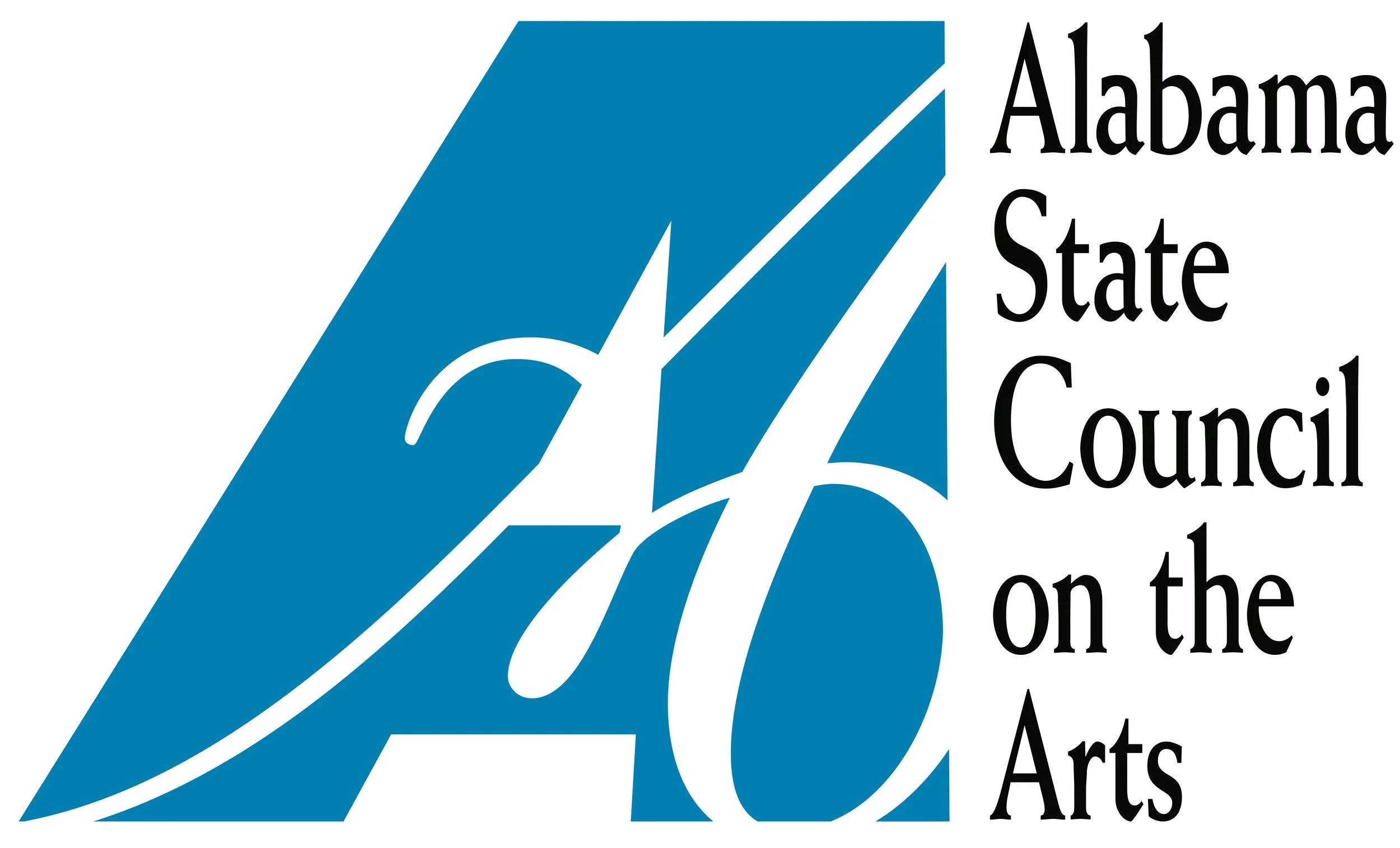 Logo of Alabama State Art Council featuring a blue stylized book with sweeping lines, accompanied by black text reading 'Alabama State Arts'.