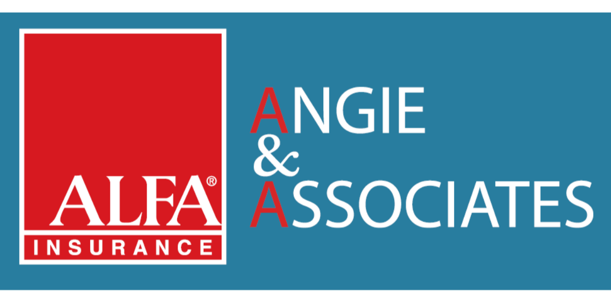 Logo for Alfa Insurance with text promoting Angie & Associates, highlighting the initials A and A in red.