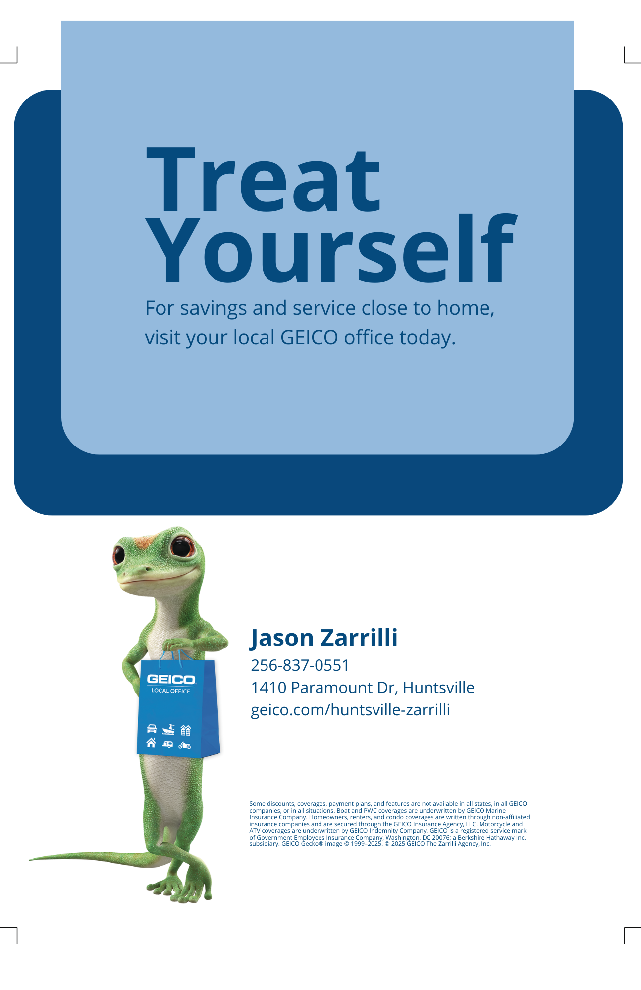 Business card for Jason Zarrilli featuring the GEICO Gecko mascot holding a shopping bag with GEICO branding. Text on card includes name, phone number, address, website, and slogan 'Treat Yourself' encouraging visits to GEICO offices.