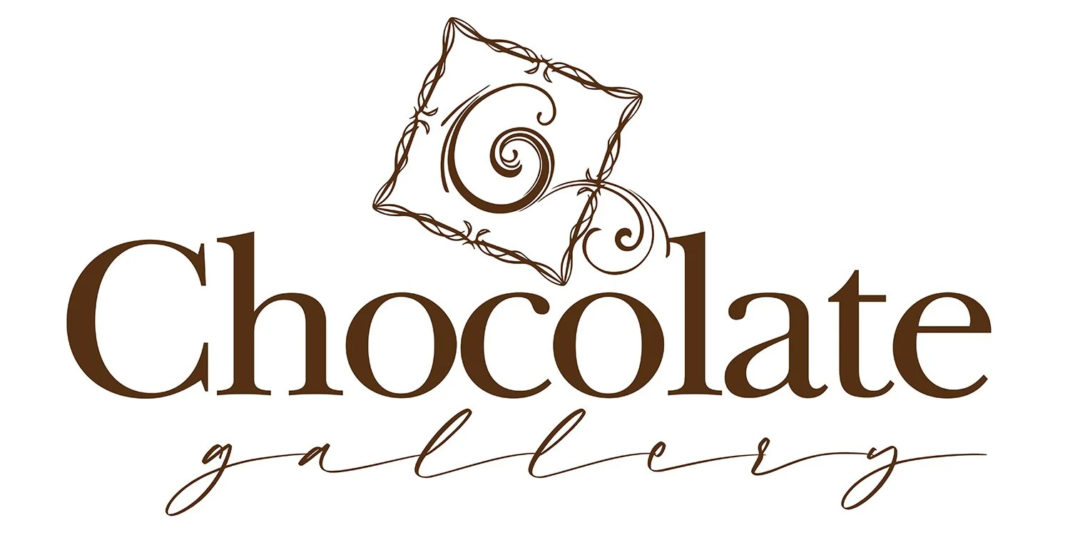 Logo for Chocolate Gallery with a decorative swirl inside a square outline above the words 'Chocolate gallery' in brown text.