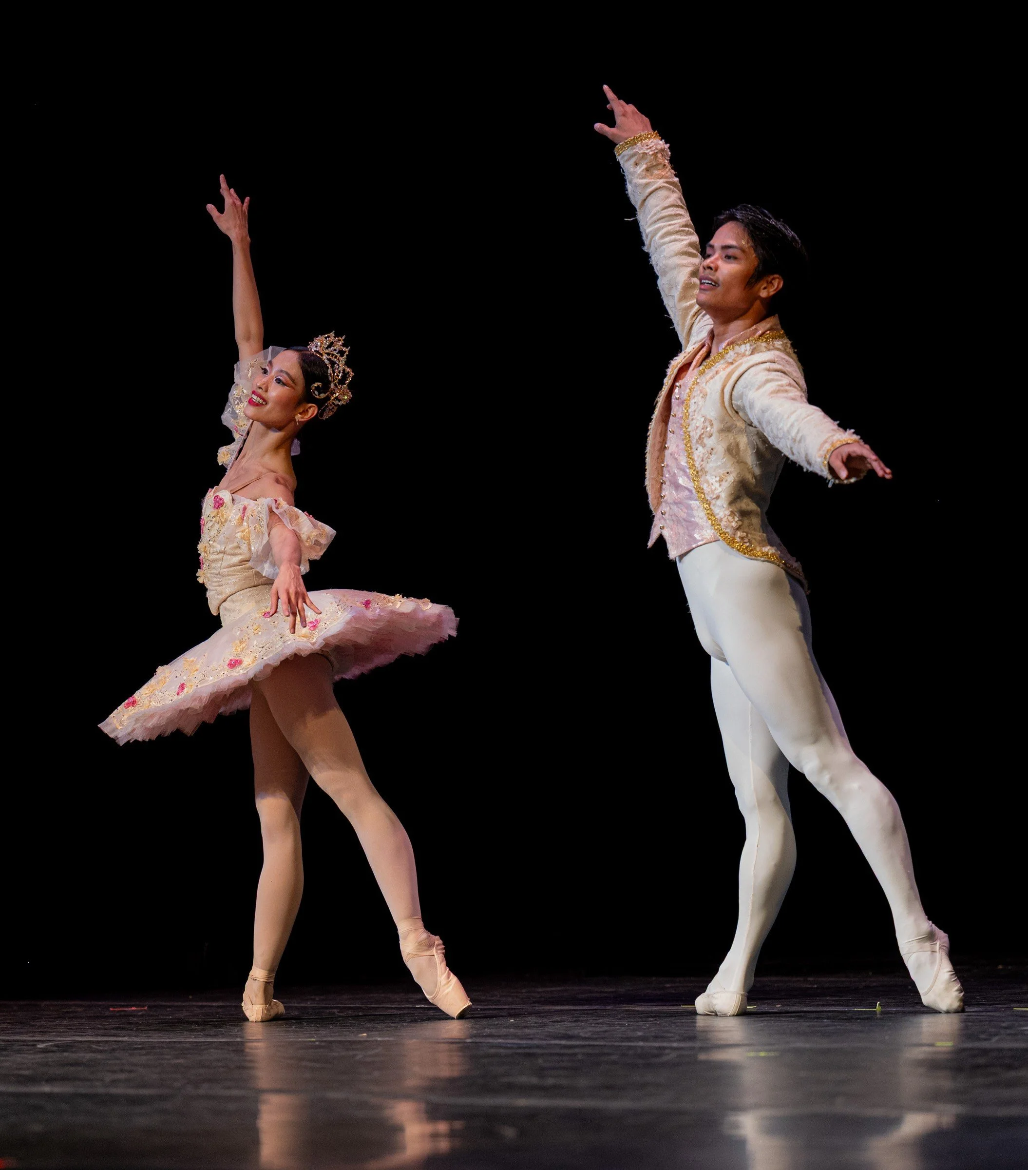 Ballet dancers performing on stage, wearing elegant costumes and pointe shoes.