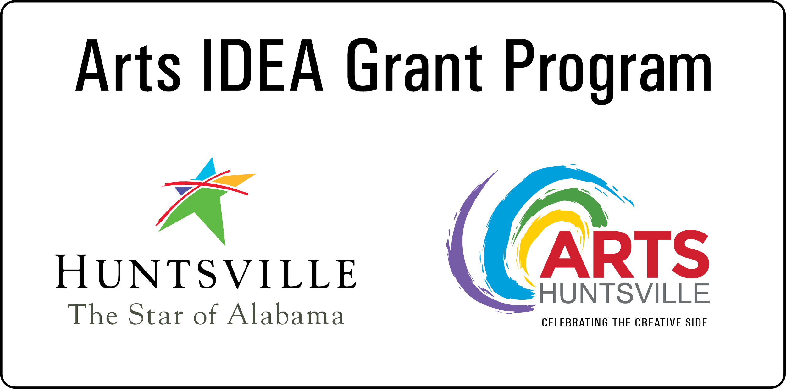 Logo and text for ArtsDea Grant Program in Huntsville, Alabama, celebrating the creative side, featuring colorful artistic graphics.