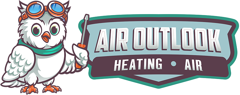 Logo for Air Outlook Heating and Air featuring a cartoon owl wearing goggles and holding a tool.