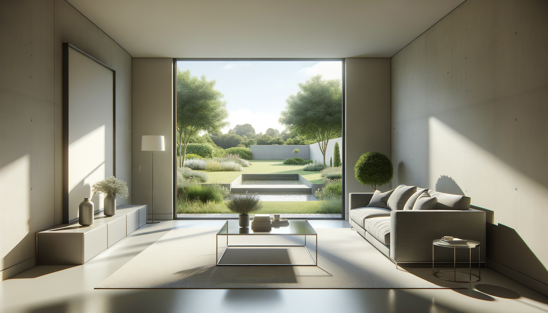 Modern living room with large window showing garden with trees, bushes, water feature, and lawn