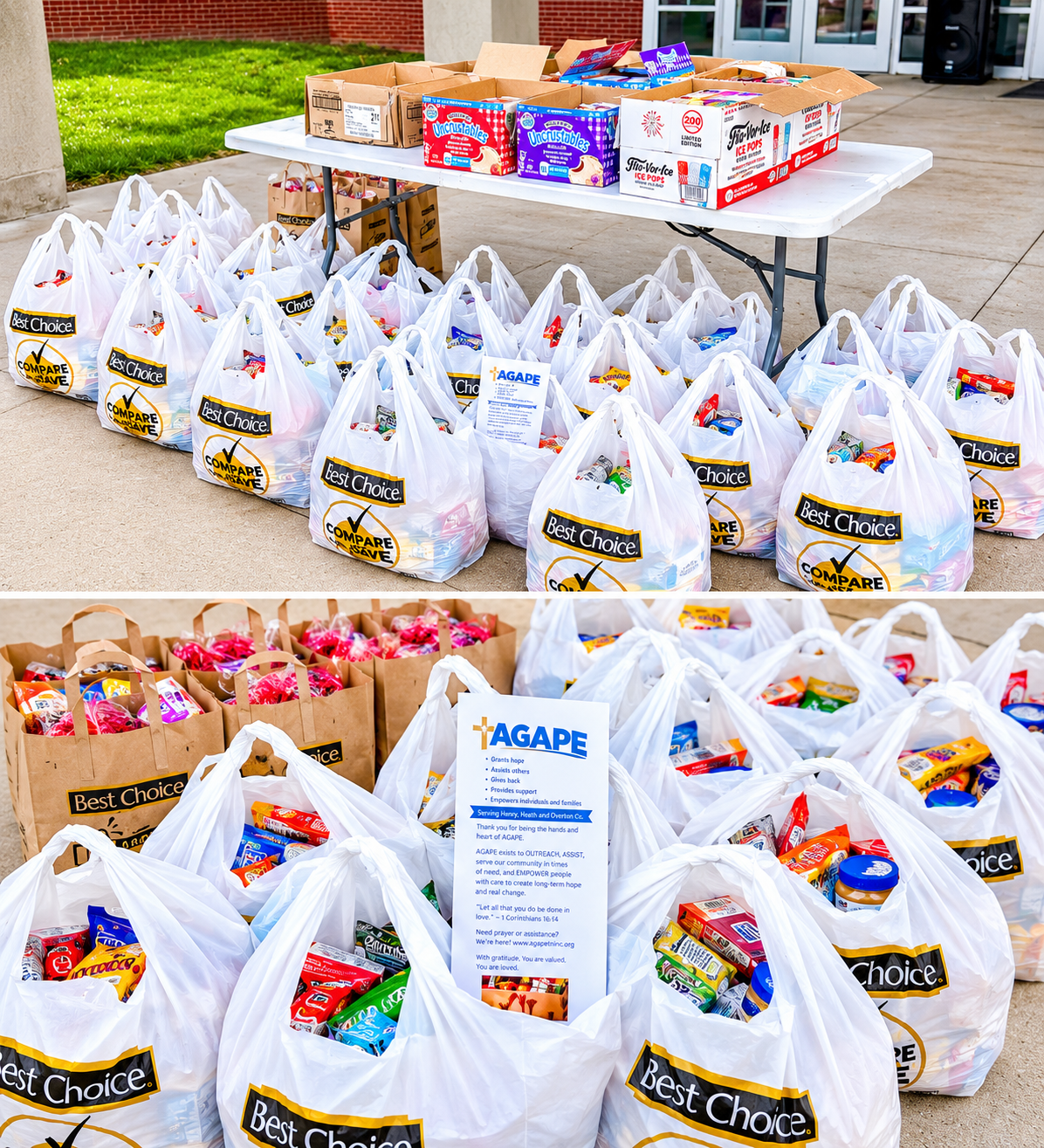 Bags of groceries and boxes of food donations organized on tables and the ground for a community giveaway event.