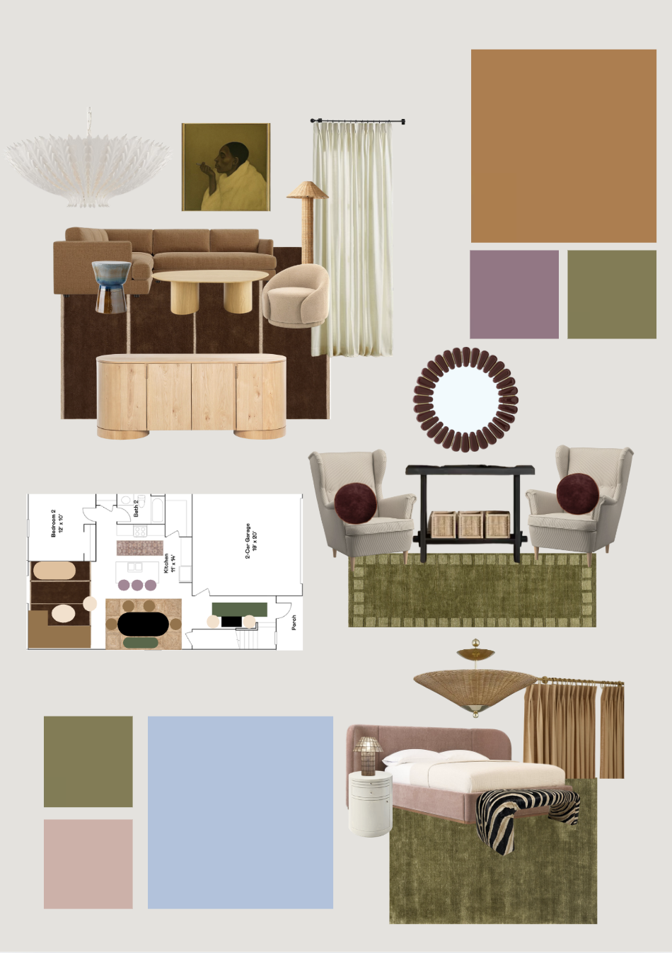 Living room with beige sofa, hanging chandelier, framed portrait, curtains, wooden side table, plush armchair, round mirror, green and purple paint swatches, floor plan, two accent chairs with pillows, layered pendant light, pink bedroom with bed, bedside table, striped blanket, and green rug.