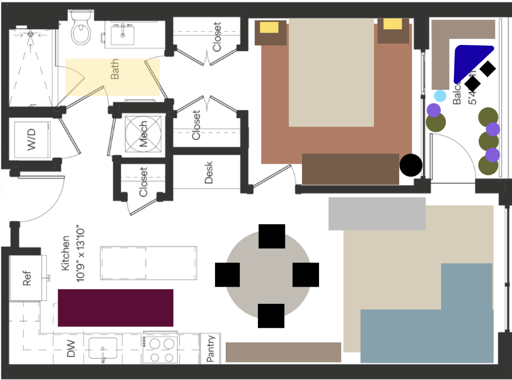 Floor plan of an apartment with a kitchen, bathroom, two closets, a mechanical room, a workspace, a bedroom with a large bed, a small balcony with outdoor furniture and plants.