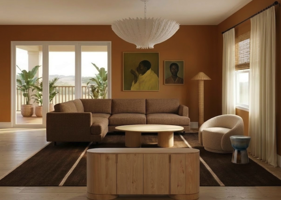 Modern living room with brown sofa, round armchair, wooden coffee table, dark area rug, large windows with cream curtains, and artwork on the wall.