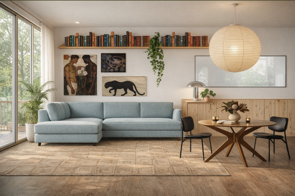 Bright living room with a large light blue sofa, a wooden dining table with three black chairs, a hanging paper lantern, potted plants, a shelf of books, and wall art including a painting, a photo, and a black panther illustration.