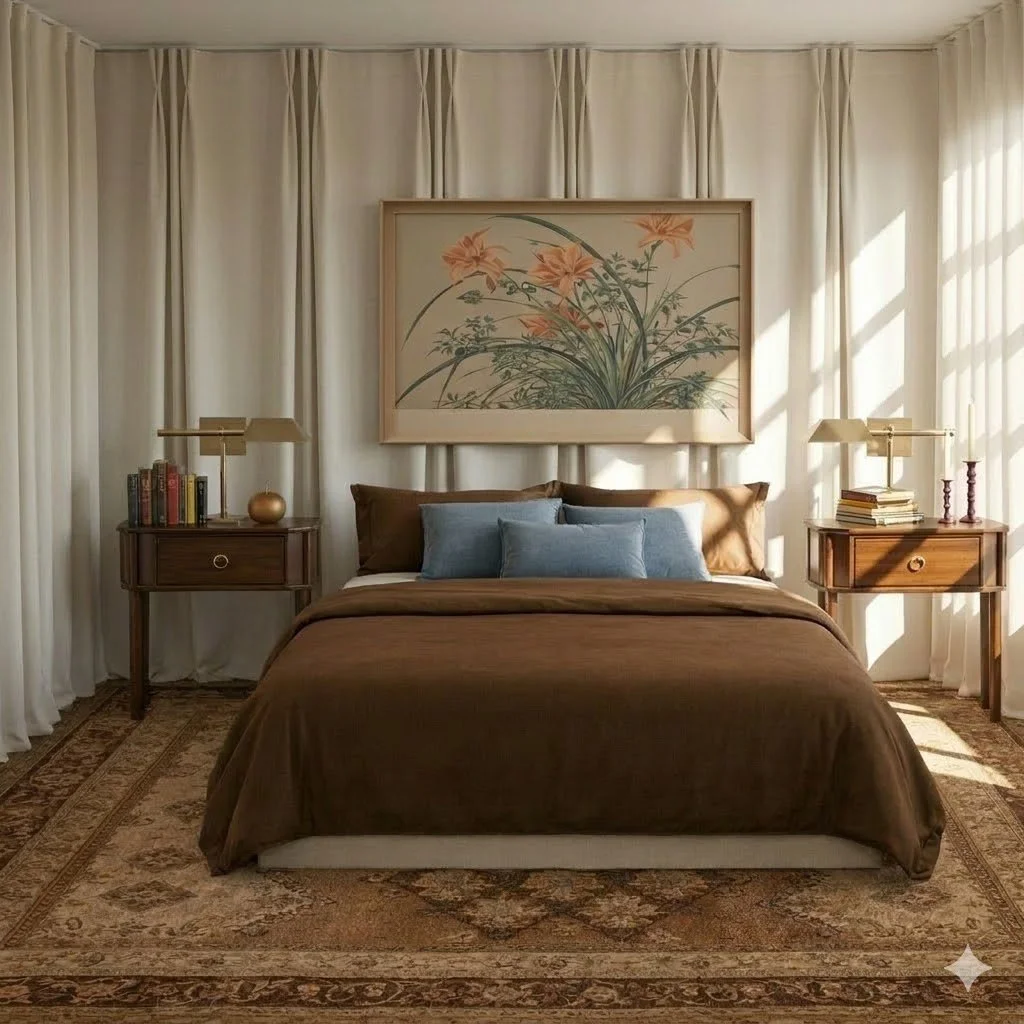 A neatly made bed with a brown comforter, two matching pillows, and a blue throw pillow, in a bedroom with white curtains, wooden nightstands with lamps, books, and candles, a framed floral artwork above the bed, and sunlight streaming through the window.
