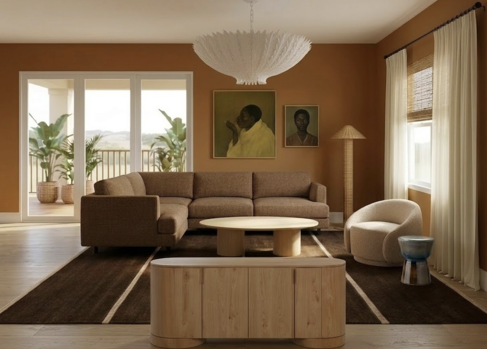 Living room with brown sectional sofa, round coffee table, white swivel chair, floor lamp, artwork on the mustard-colored wall, large windows with white curtains, and a balcony with potted plants outside.