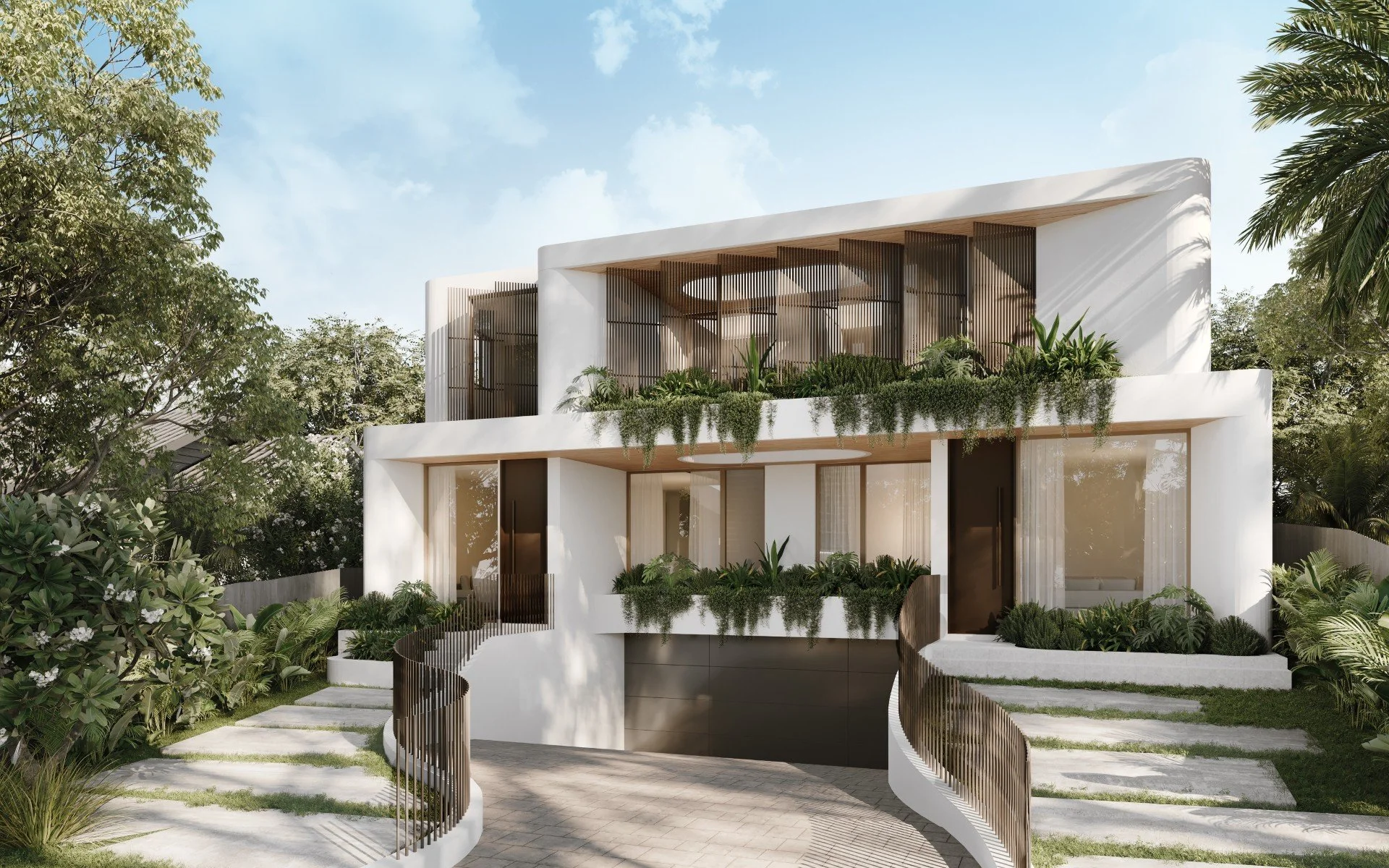 Modern white multi-story house with curved exterior stairs, large windows with curtains, and lush greenery on balconies and around the house, under a partly cloudy sky.