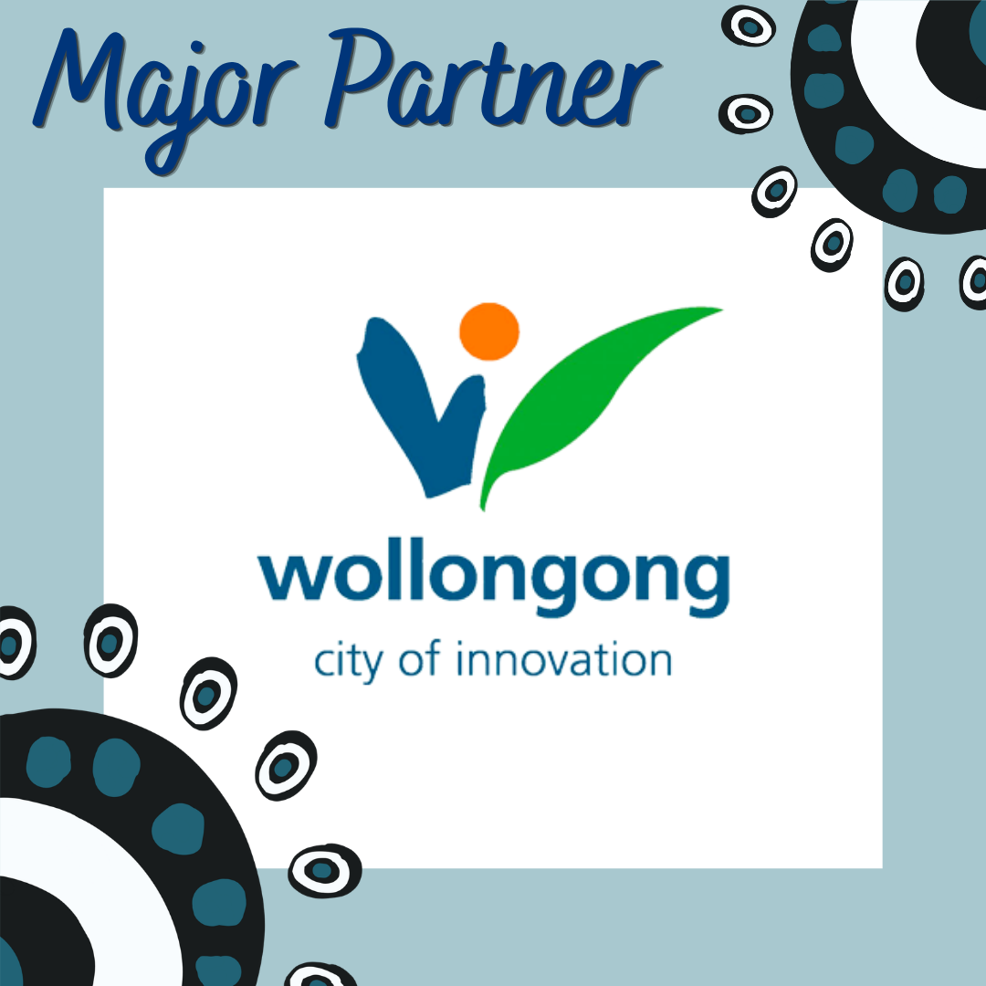 Wollongong city logo with slogan 'city of innovation' on a dark teal background with decorative circles and patterns