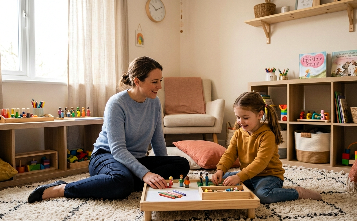 Registered Psychotherapist using play therapy to help a child manage anxiety and express emotions.