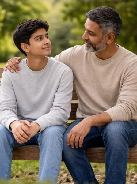 Father and his teenage son having a supportive conversation.