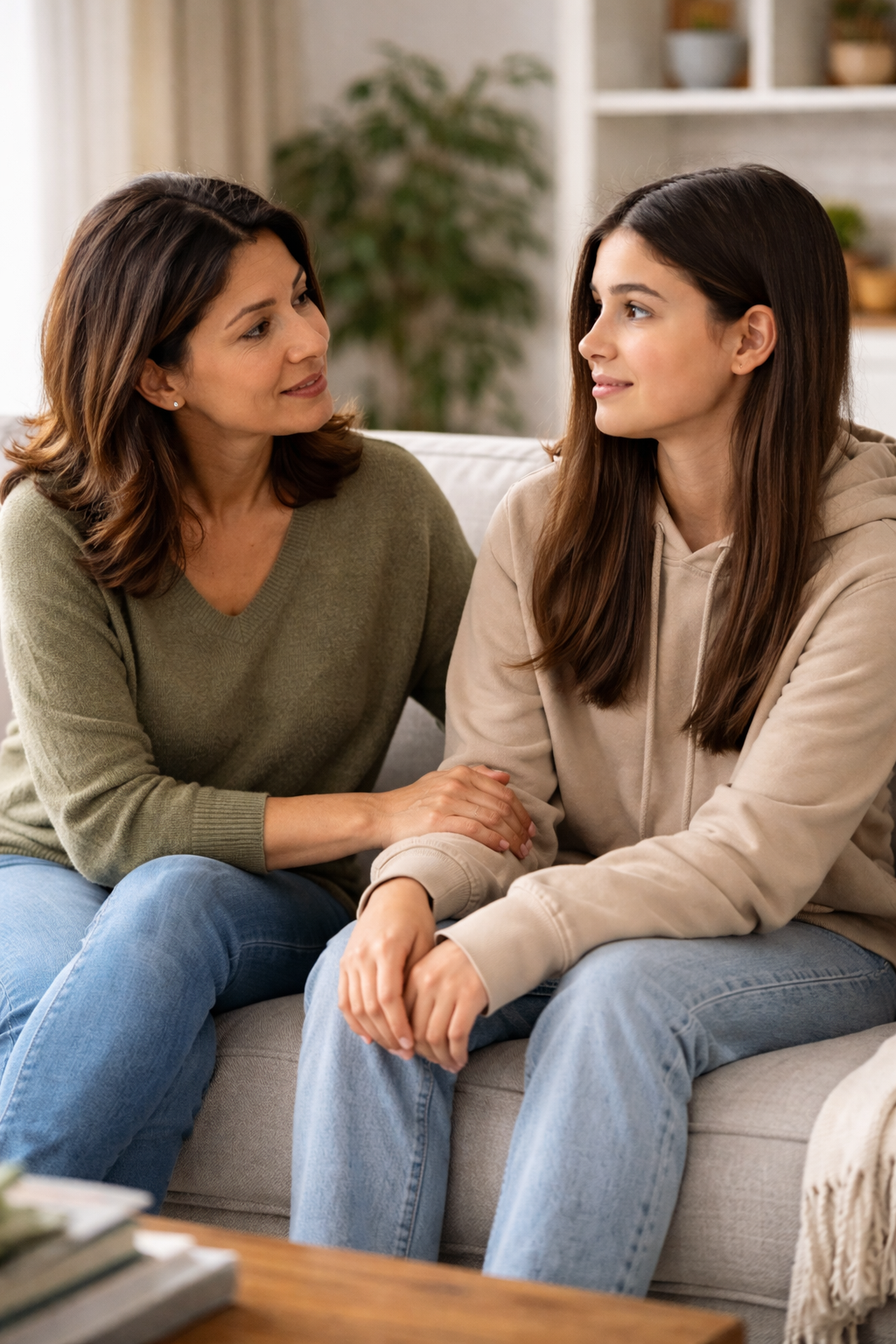 A mother sitting with her teenage daughter having a supportive conversation.