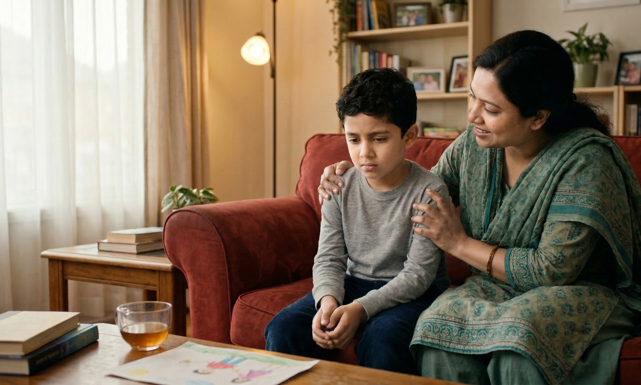 Young child showing signs of anxiety while receiving support from a parent