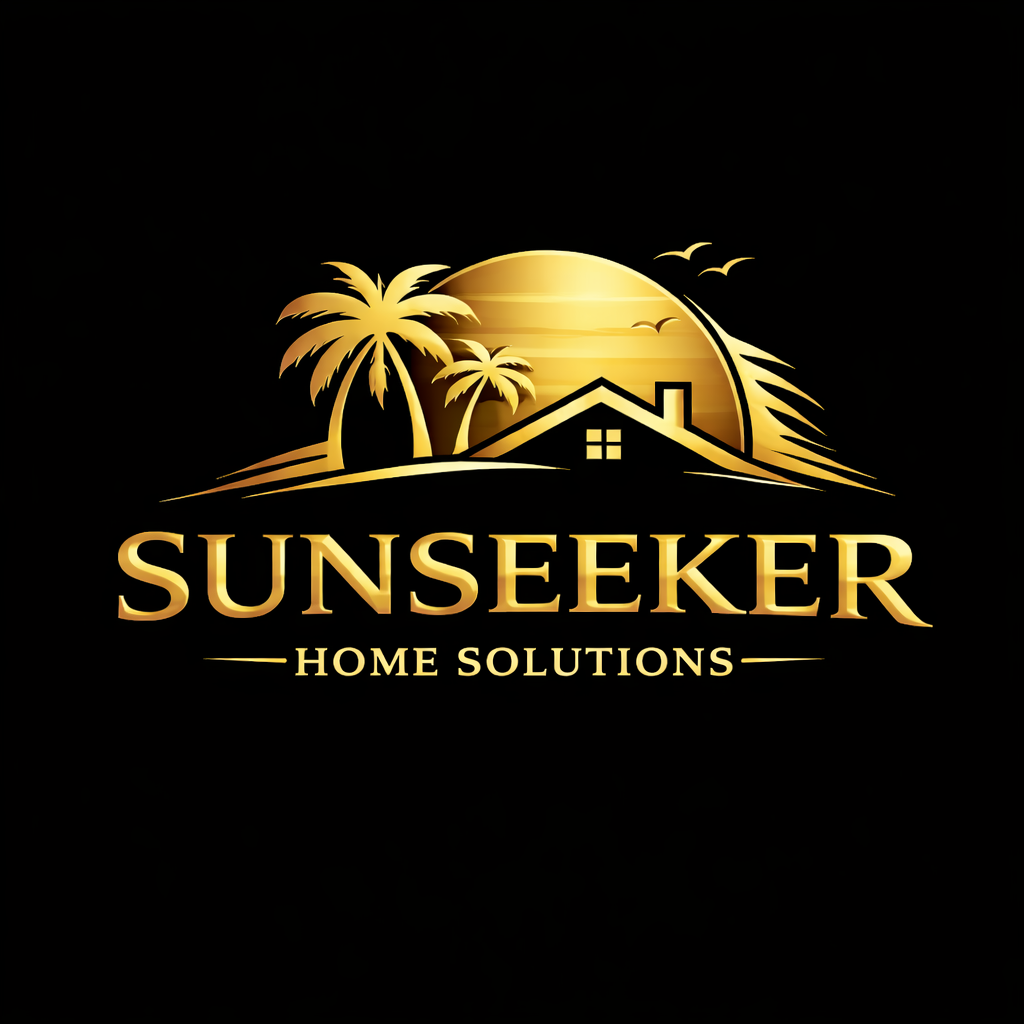 Golden logo for Sunseeker Home Solutions, featuring palm trees, a house, a sunset, and birds on a black background.