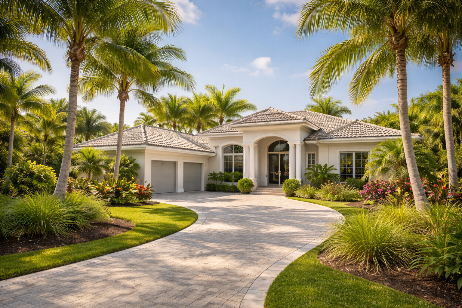 Luxury house with a curved driveway, surrounded by tropical palm trees and lush landscaping under a partly cloudy sky.