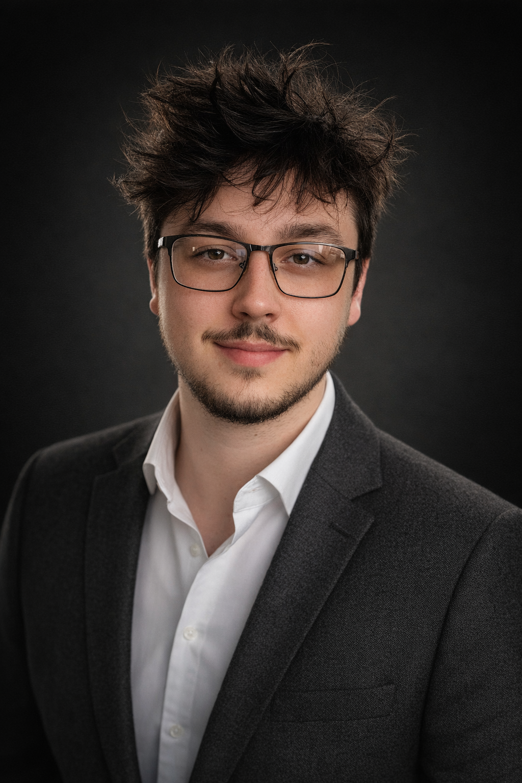 A young man with dark, spiky hair and glasses, wearing a white shirt and a dark blazer, against a dark background.