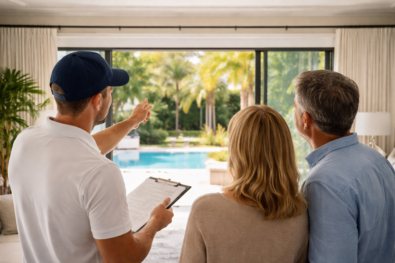 Real estate agent showing a couple the backyard view of a swimming pool and garden through large sliding glass doors at a new home.