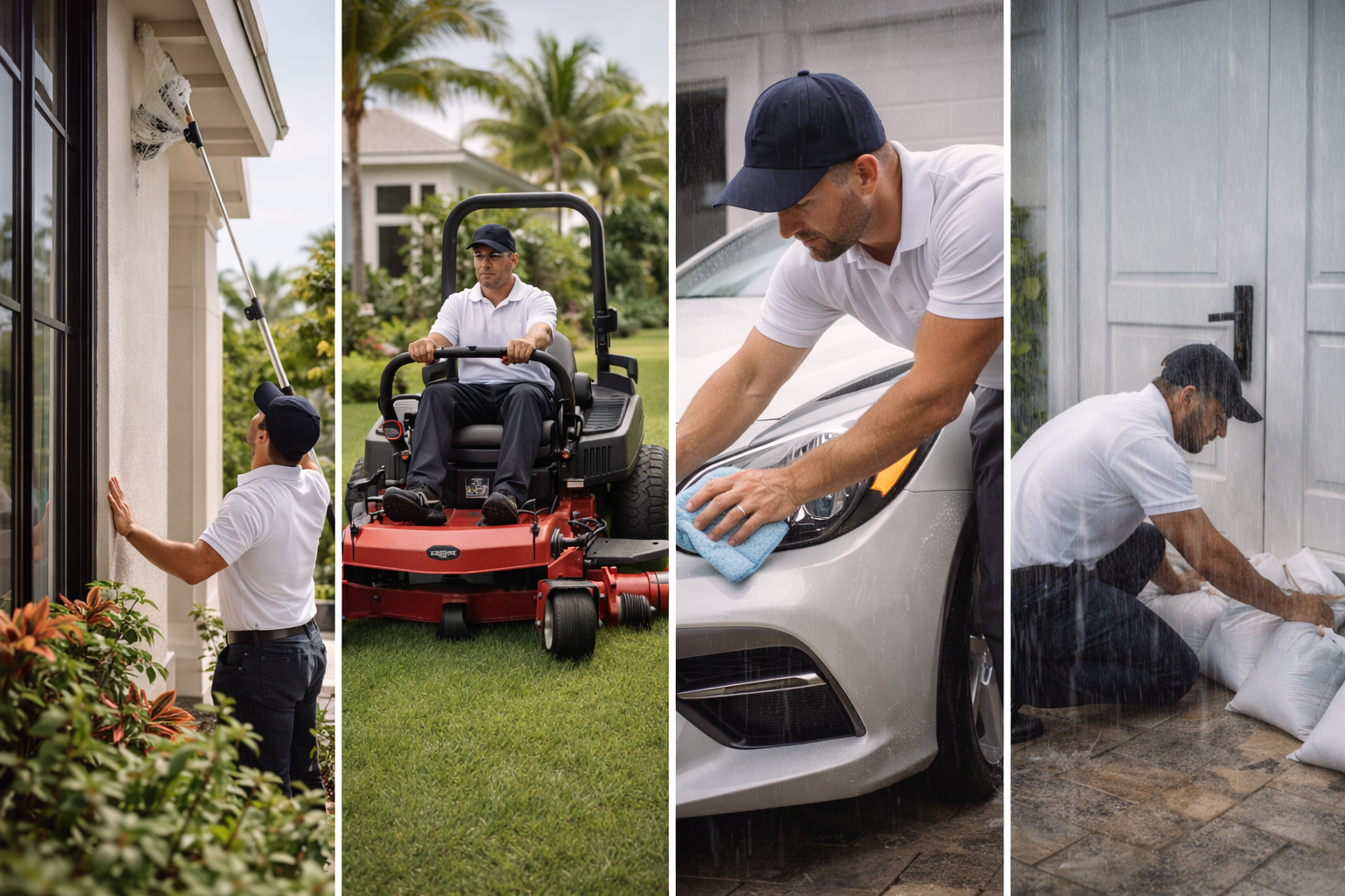 A man performing various outdoor maintenance tasks: inspecting a house window, riding a mower in a garden, washing a car, and sealing a door with bags of sealant.