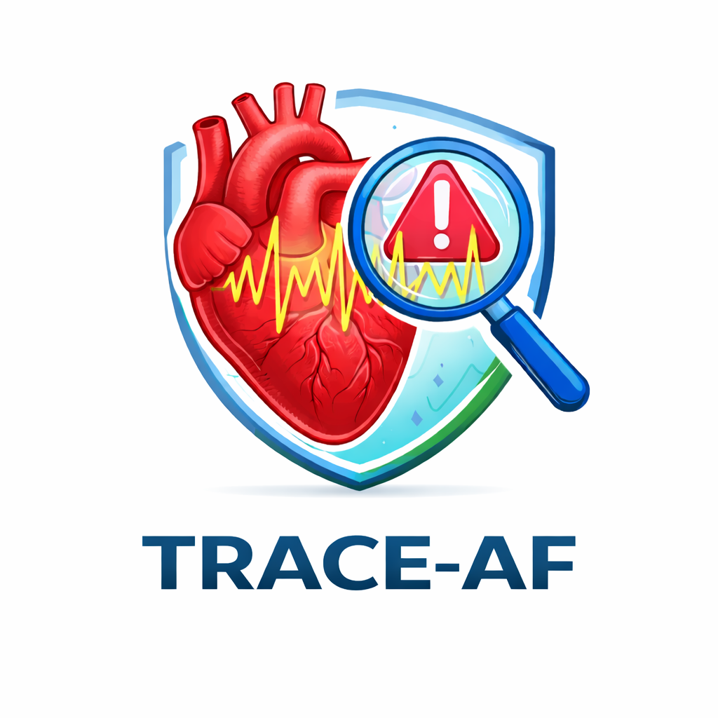 A red anatomical heart with a yellow electrocardiogram line running through it, set against a shield with a magnifying glass showing an exclamation mark and a warning symbol, and the text 'TRACE-AF' below.