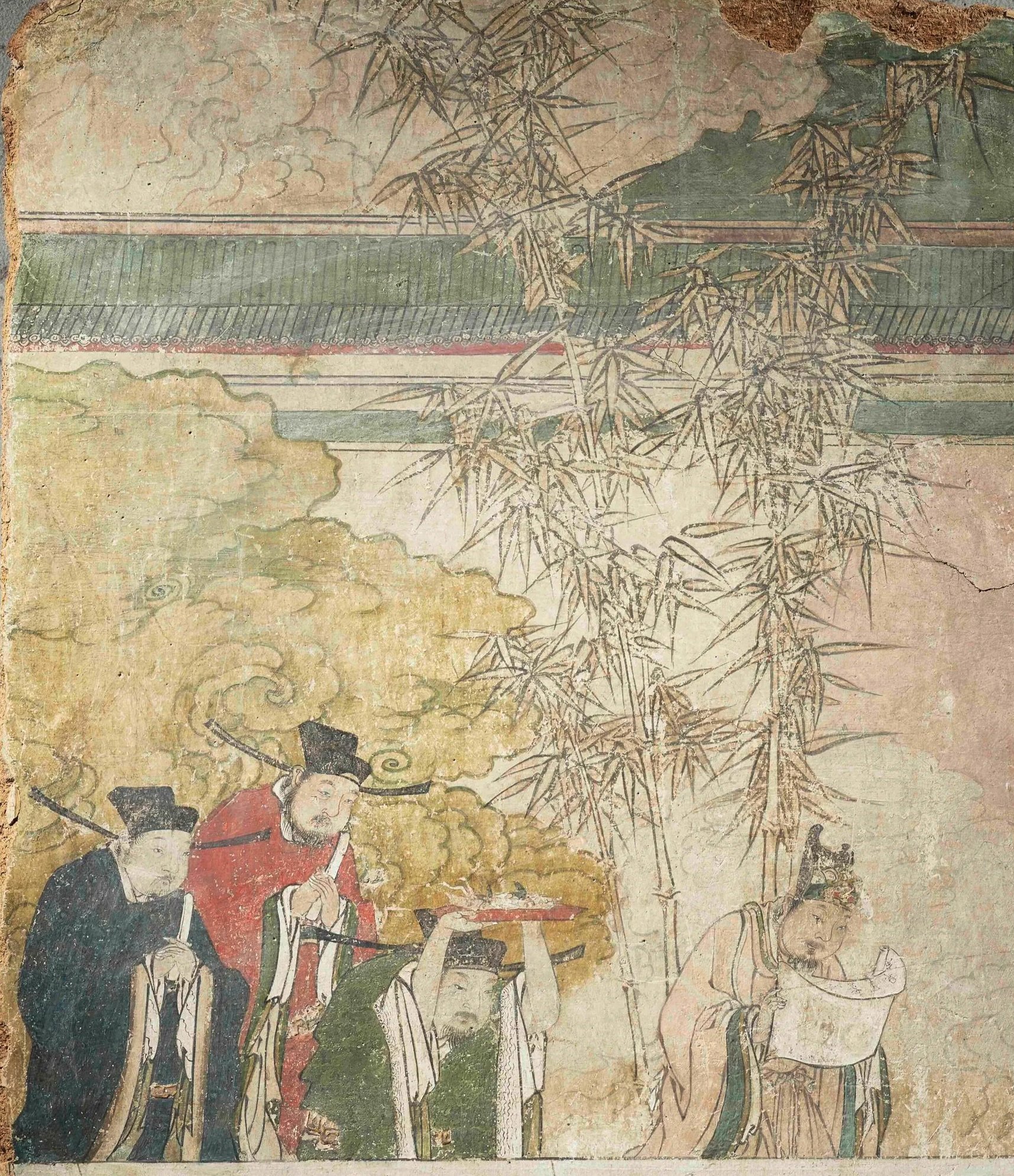 A polychrome fresco fragment of rectangular form, painted with four officials dressed in long robes and hats, 
China: late Yuan|early Ming dynasty, 14|15th century