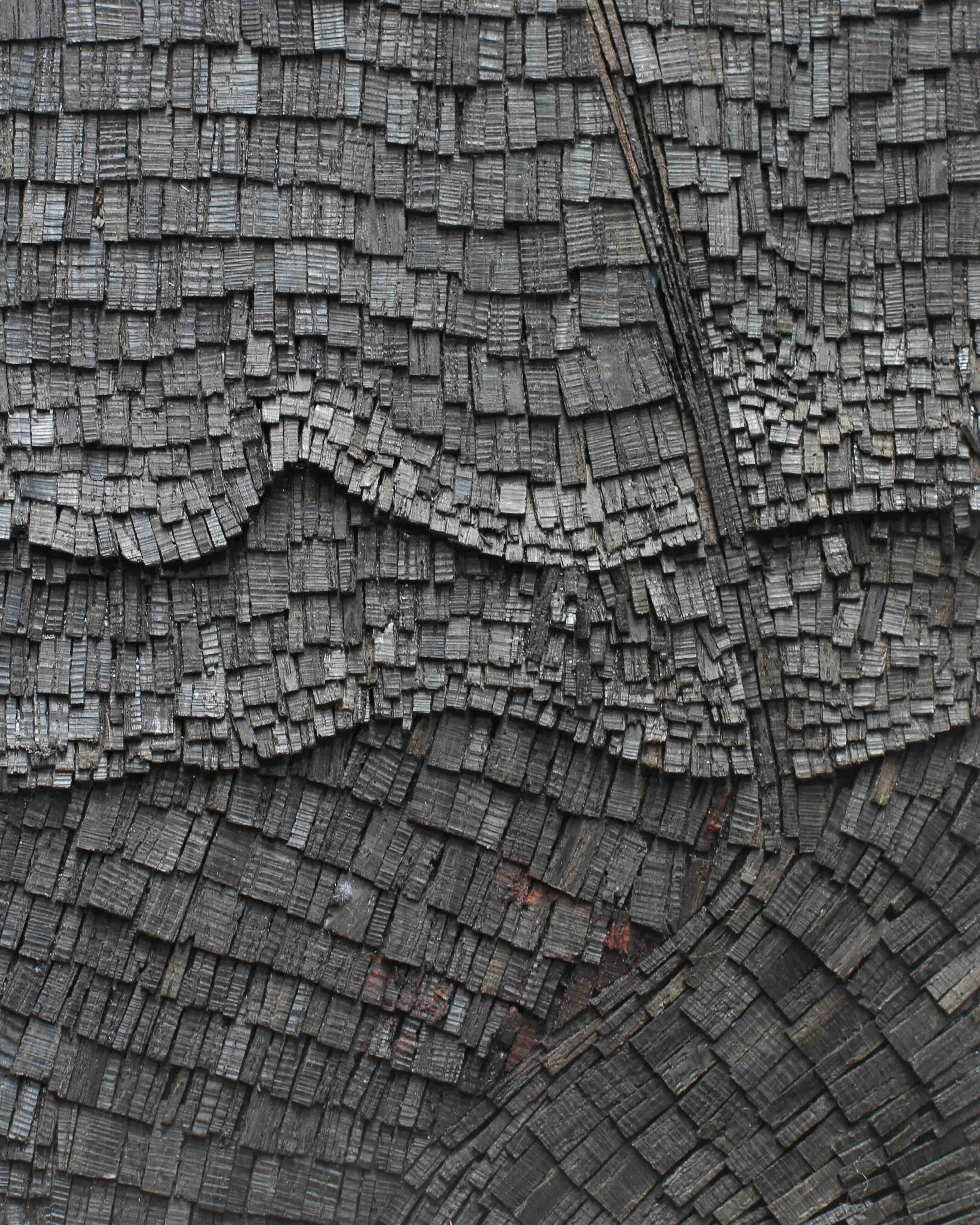 Model For A Screen, 2023, Methwold, East Anglia, hand-sawn excavated bog oak tiles on birch ply, 46 x 43 x 1.5 cm (detail)