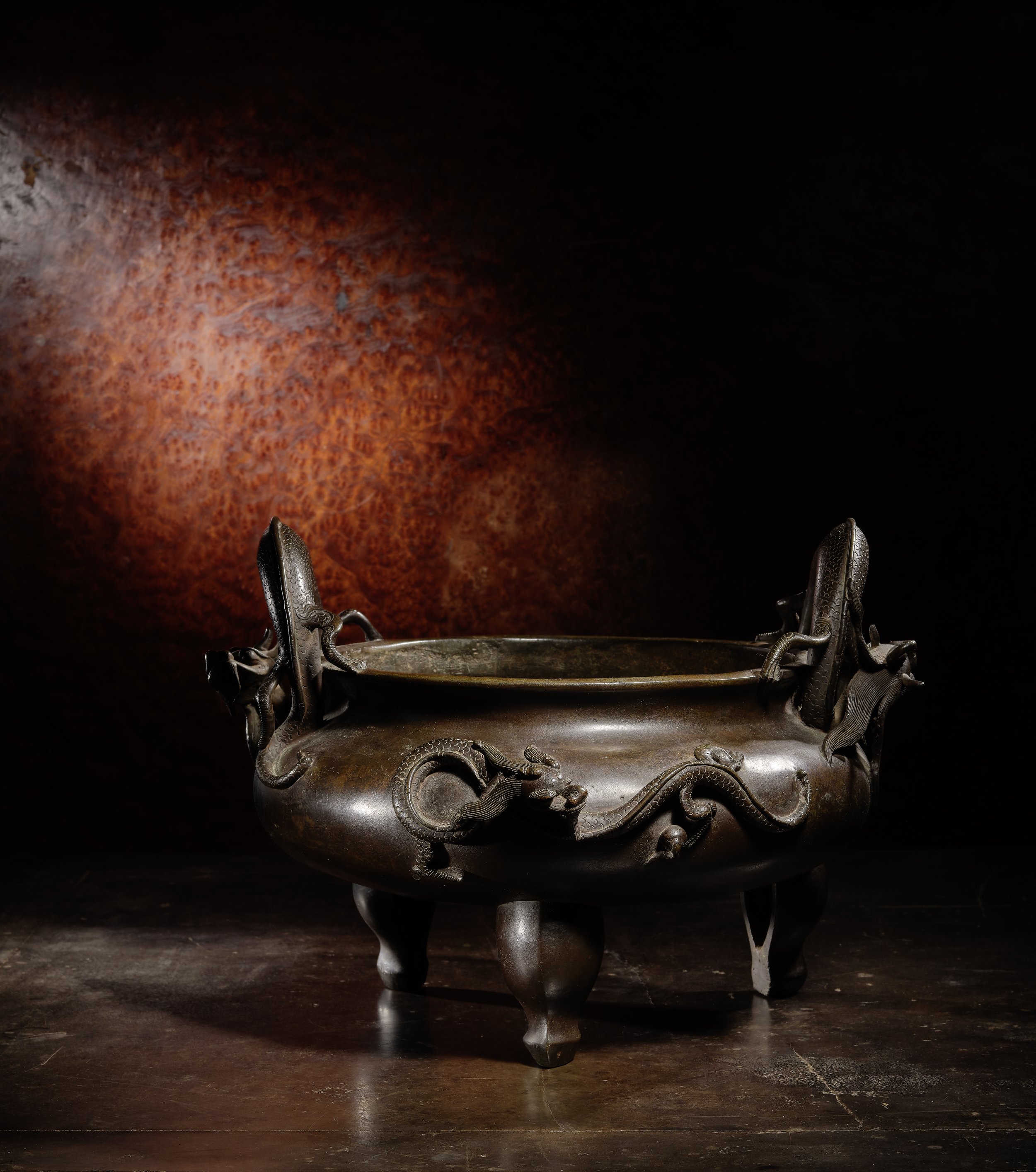 A large bronze tripod incense burner, the base with a inscription date of the fifth year of Xuande, 
China: 16th|early 17th century