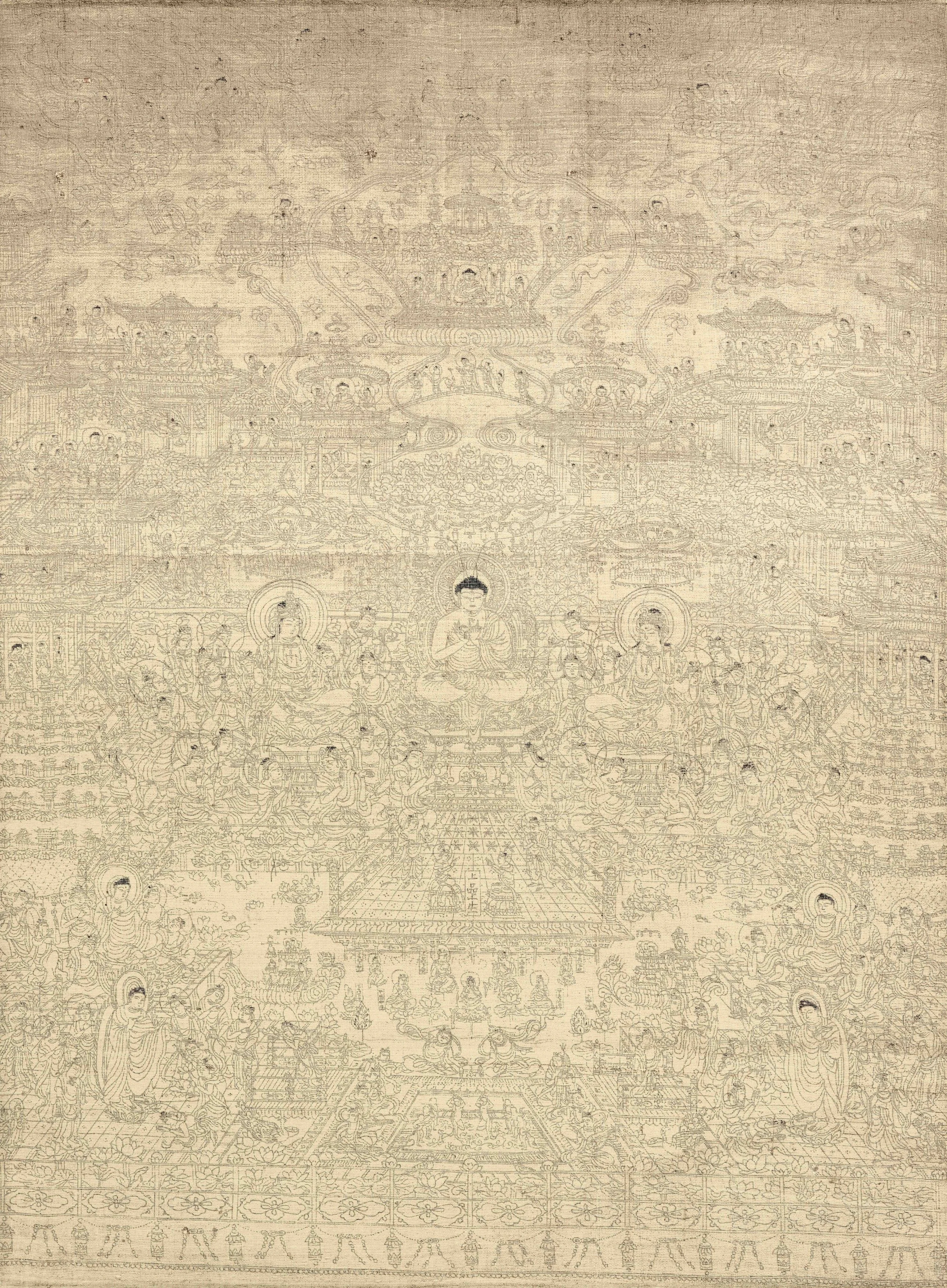 A very intricate small ink painting on silk depicting a mandala of Sakyamuni Buddha, 
Japan: probably Edo period (1603–1868)