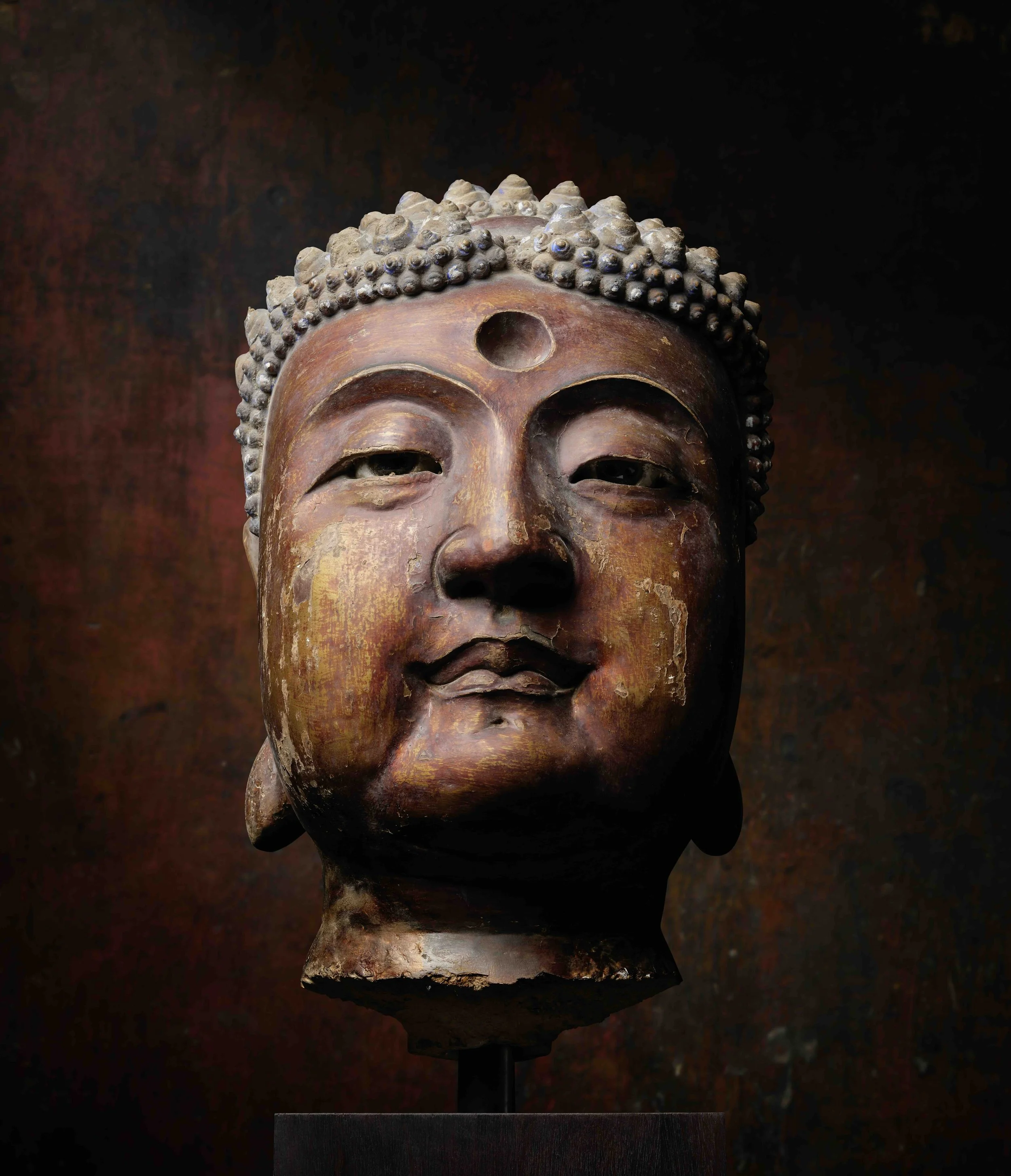 A monumental gilt-lacquered and painted stucco head of Buddha, China, Yuan|early Ming dynasty, 14th century