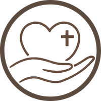 An icon of a hand holding a pill capsule with a heart and plus sign, symbolizing health or healthcare.