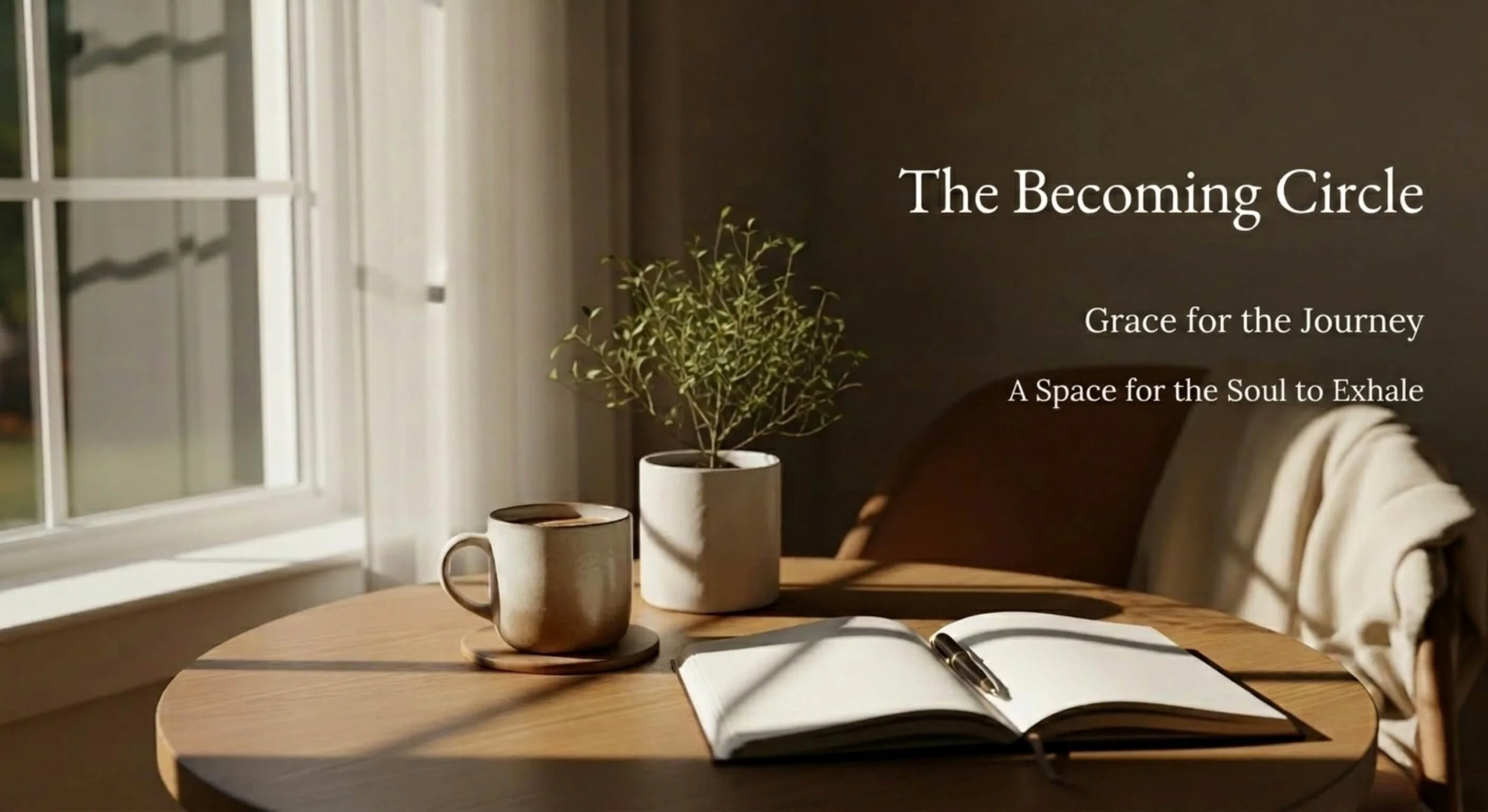 A cozy wooden table near a window with sunlight, holding an open notebook with a pen, a potted plant, and a ceramic coffee mug, with text overlay reading 'The Becoming Circle' and related phrases.