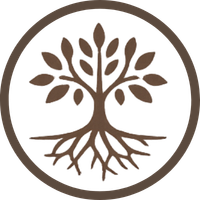 A stylized tree with roots, enclosed in a circular border.