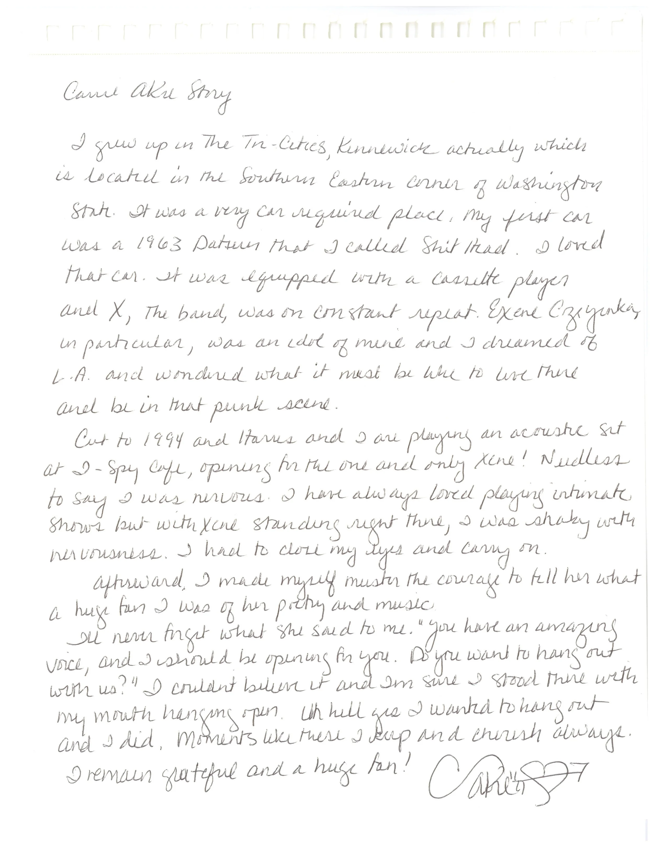 hand written letter that corresponds with the transcript