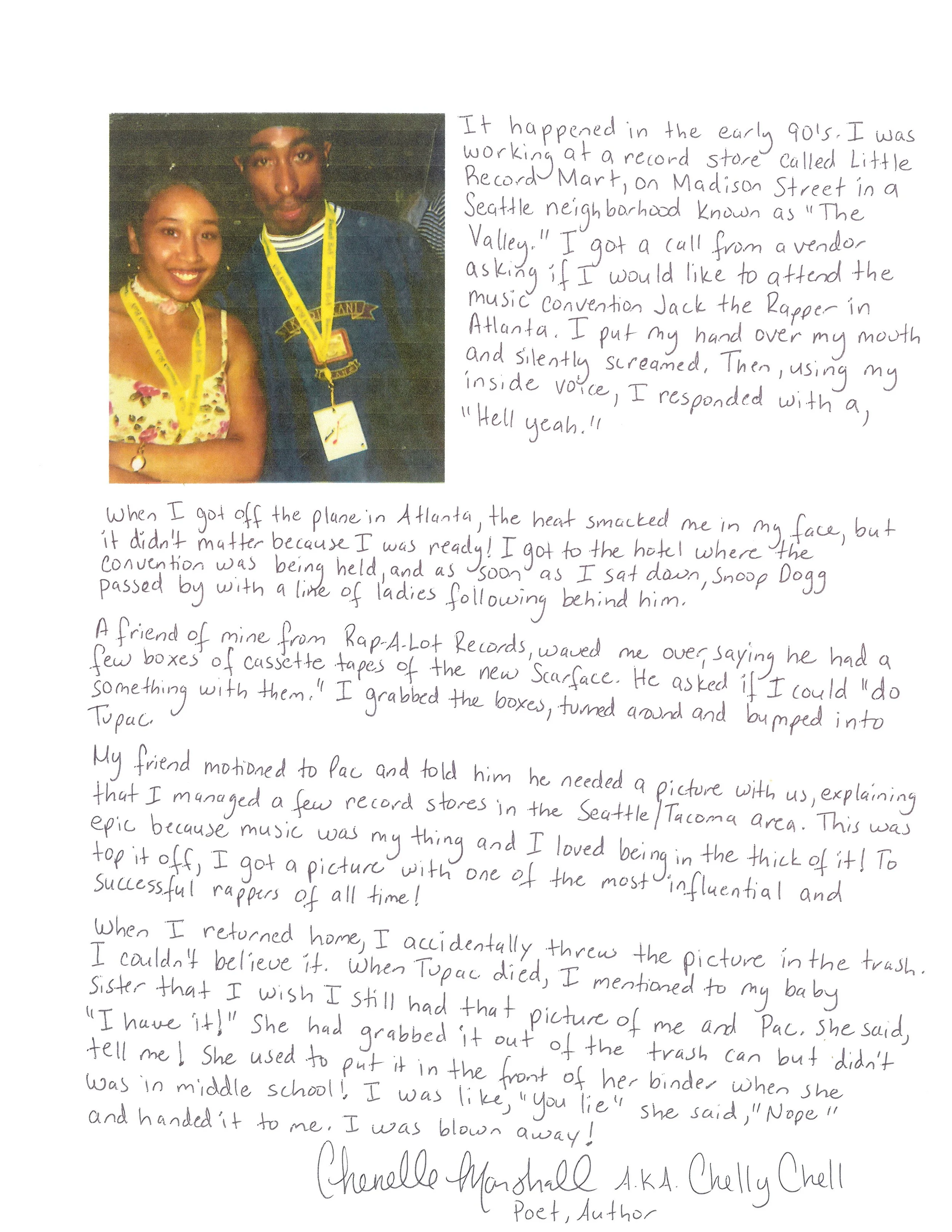 hand written letter that corresponds with the transcript with a photo of a teenage girl with a yellow lanyard smiling with Tupac the wrapper who is in a navy blue shirt, yellow lanyard, and black hat looking into the camera