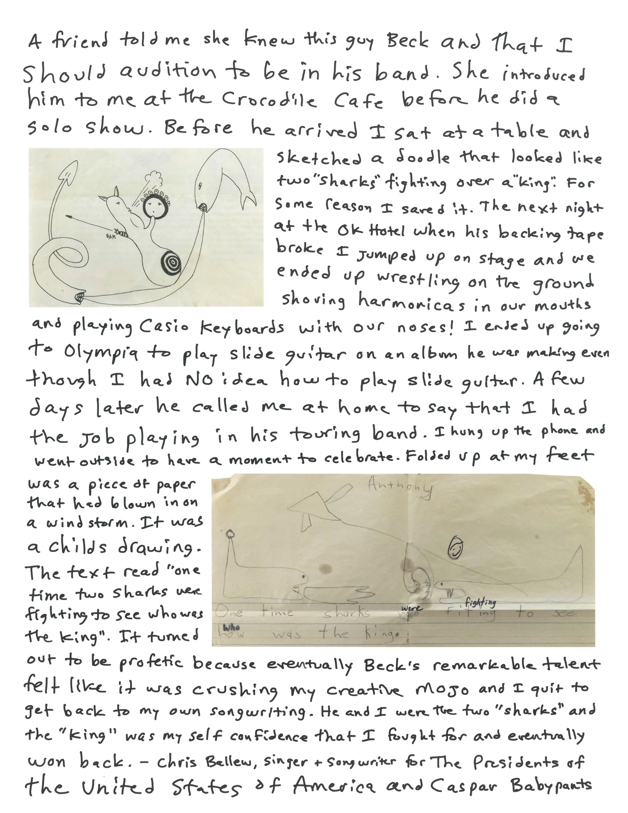 hand written letter that corresponds with the transcript with hand-drawn images of sharks and scary sea monsters