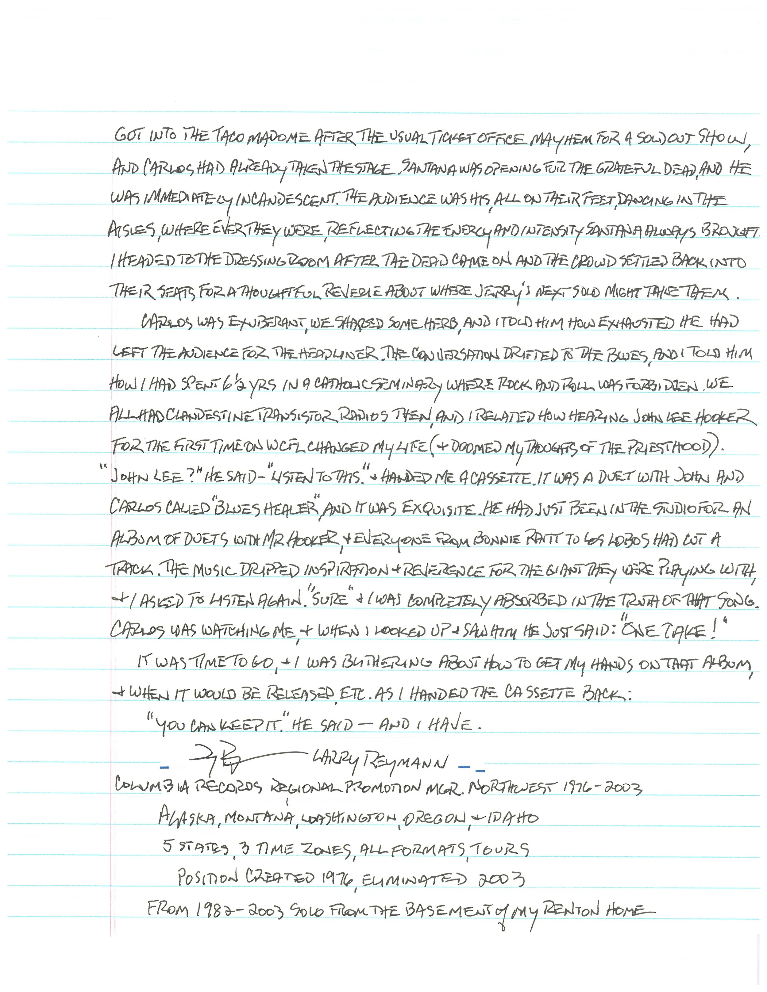 hand written letter that corresponds with the transcript