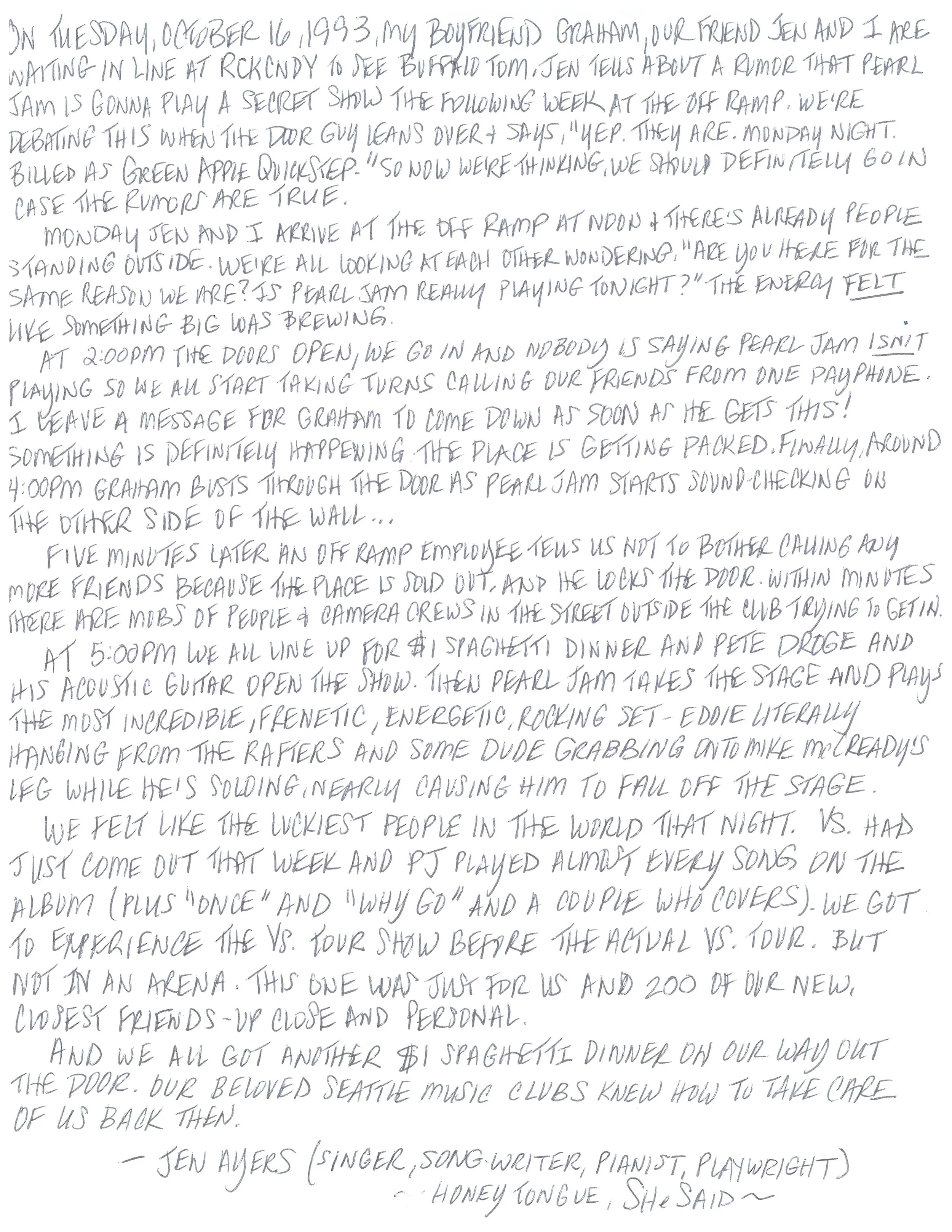 hand written letter that corresponds with the transcript